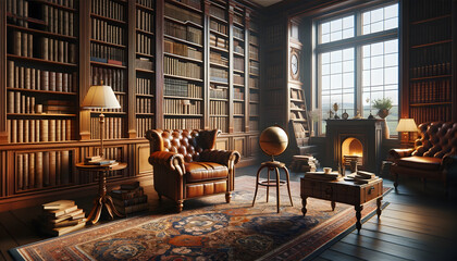 Classic library room with floor-to-ceiling bookshelves, a leather armchair, reading lamp, wooden table with globe and teacup, patterned carpet, and a fireplace