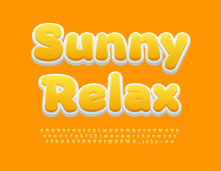 Vector touristic sign Sunny Relax. Cute Yellow 3D Font. Modern Creative Alphabet Letters and Numbers set.