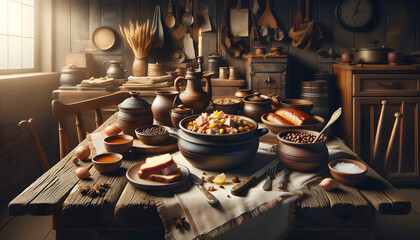 Hearty homemade meal on a rustic wooden table, with vintage kitchenware and a cozy, warm-lit rustic kitchen background