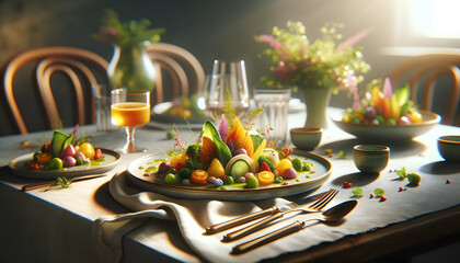 Gourmet dish on an elegant table, featuring vibrant colors and artistic plating with a softly blurred background