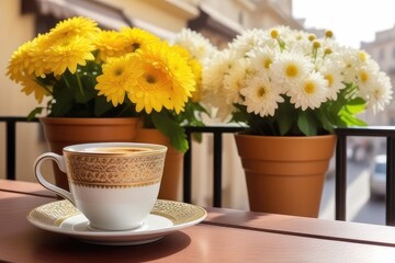 Obraz na płótnie Canvas A coffee cup and flowers on a table beside a balcony at sunrise