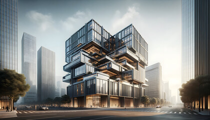 A photorealistic image of a modern glass and steel building, characterized by geometric shapes and sharp angles, set in an urban environment with soft, natural lighting