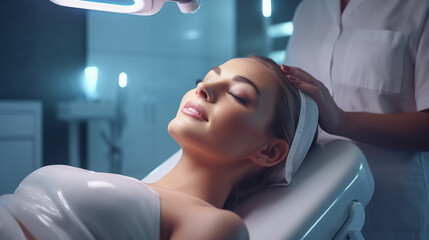  a beautician's precision in preparing a female client for photo rejuvenation procedures, with emphasis on the intricate details of the skincare process