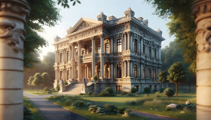 Photorealistic depiction of classic architecture, an ancient stone building with carvings and columns in a green, park-like setting, bathed in warm, golden light