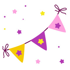 Pink Festive flag garland vector illustration in simple flat style, isolated on white background. Carnival, birthday decoration.