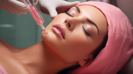  a beauty salon, a skilled professional performs a lip augmentation procedure with hyaluronic acid