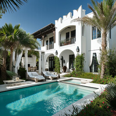 Fototapeta premium A beautiful and award-winning two story all, white stucco home like in Alys Beach in Florida decorated for Christmas and with a flat roof and large windows