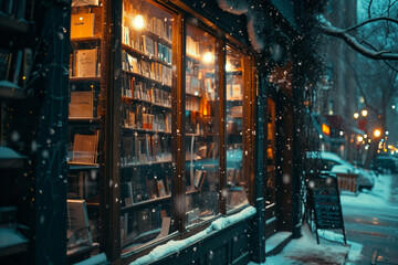 inviting warmth of a bookstore window covered in snow, presenting a cinematic and cozy reading atmosphere.