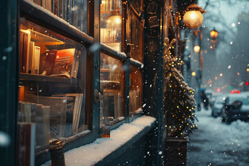 inviting warmth of a bookstore window covered in snow, presenting a cinematic and cozy reading atmosphere.