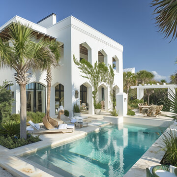 A beautiful and award-winning two story all, white stucco home like in Alys Beach in Florida decorated for Christmas and with a flat roof and large windows