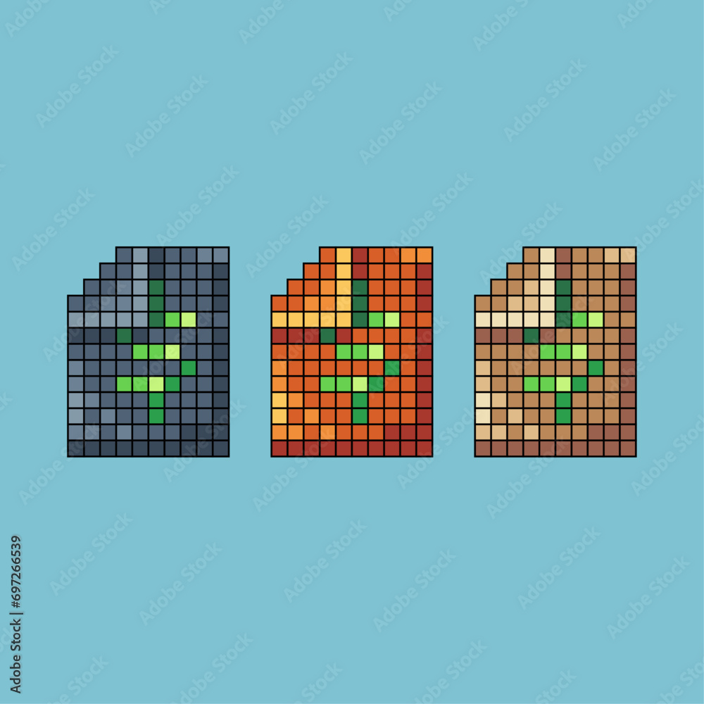 Poster pixel art stroke sets of paper money icon with variation color item asset. money paper icon on pixel
