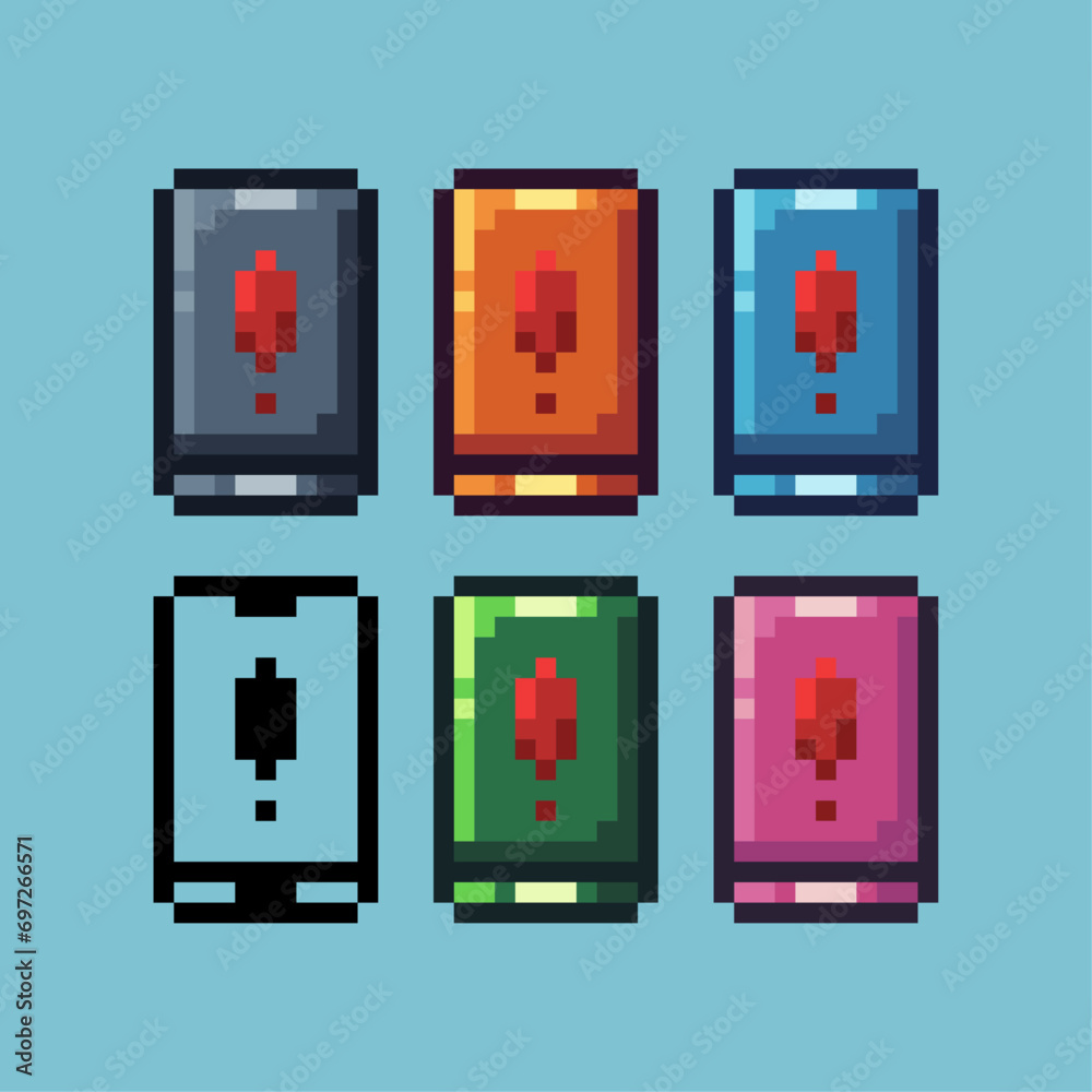 Poster pixel art sets of phone exclamation mark icon with variation color item asset. exclamation icon on p