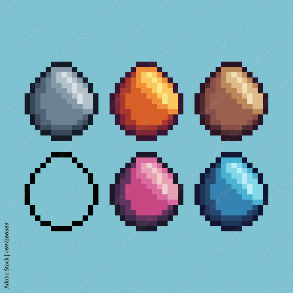 Poster pixel art sets of eggs icon with variation color item asset. eggs icon on pixelated style. 8bits per