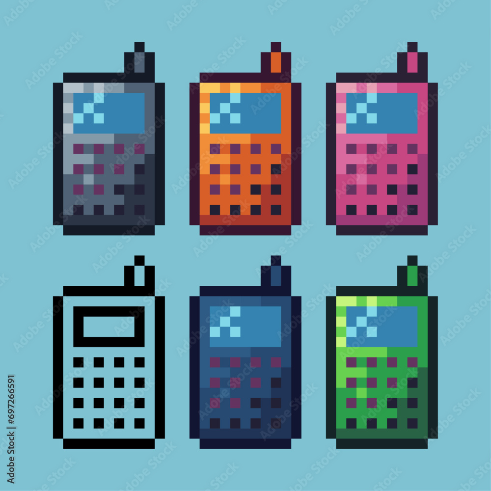 Poster pixel art sets of old phone icon with variation color item asset. old phone icon on pixelated style.