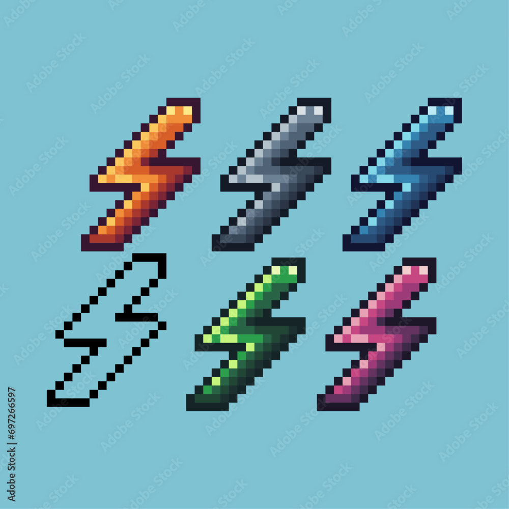 Fototapete pixel art sets of lightning icon with variation color item asset. lightning icon on pixelated style.