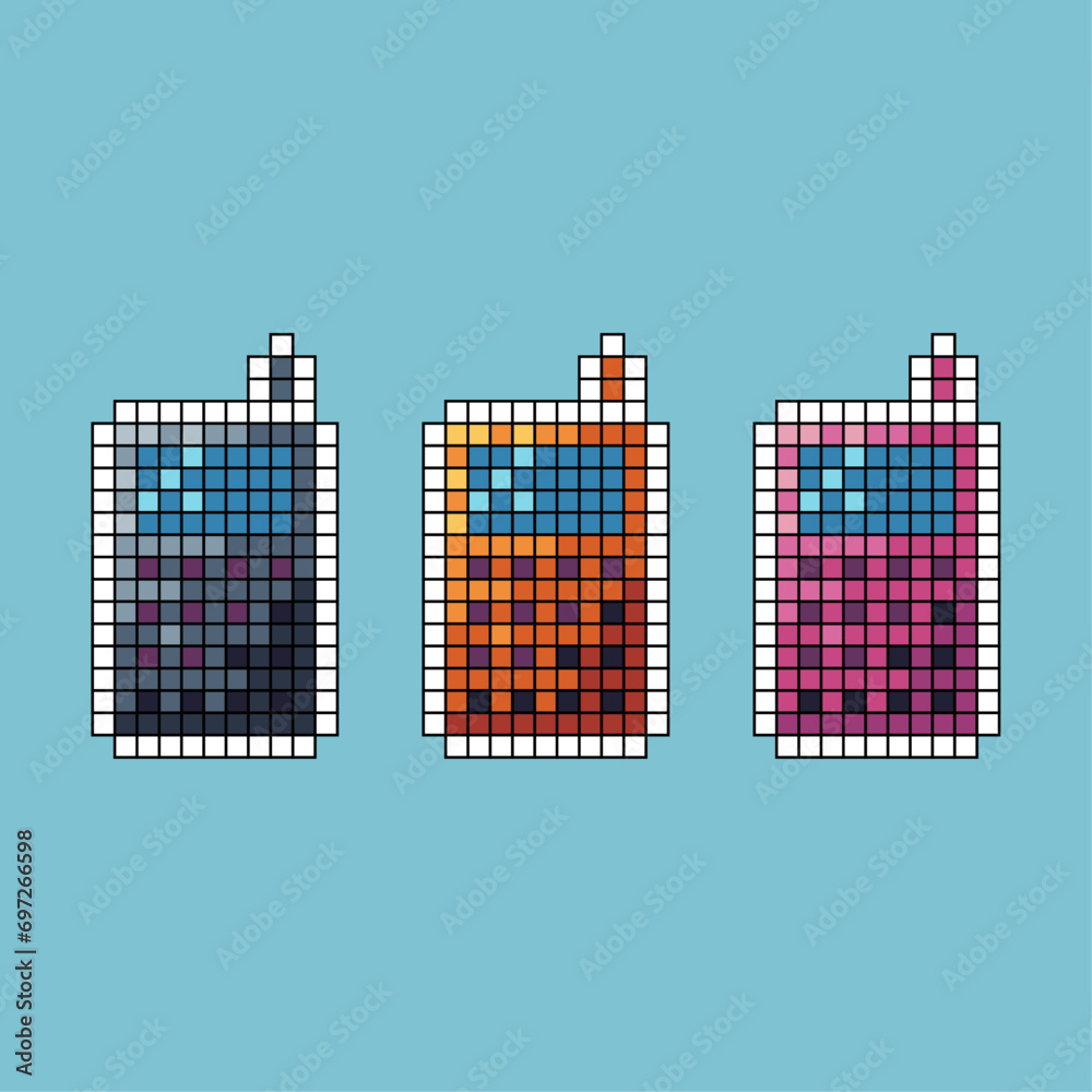Poster pixel art stroke sets of old phone icon with variation color item asset. old phone icon on pixelated