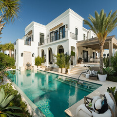 Fototapeta premium A beautiful and award-winning two story all, white stucco home like in Alys Beach in Florida decorated for Christmas and with a flat roof and large windows