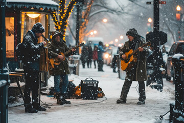 unique charm of street performers entertaining passersby in a snowy morning, creating a cinematic...