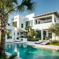 A beautiful and award-winning two story all, white stucco home like in Alys Beach in Florida decorated for Christmas and with a flat roof and large windows