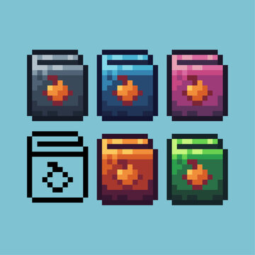 Pixel art sets of book of apple icon with variation color item asset. Book of apple icon on pixelated style. 8bits perfect for game asset or design asset element for your game design asset