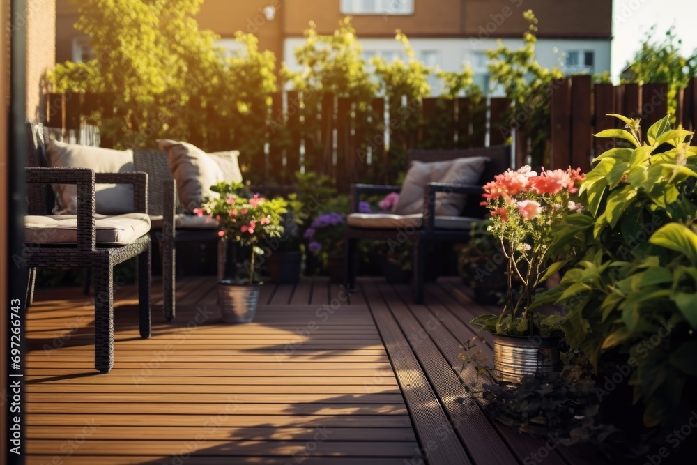 Poster a vibrant and lively patio adorned with an abundance of colorful flowers. perfect for adding a touch