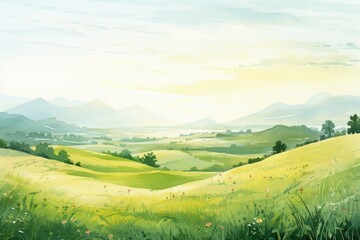 A picturesque painting of a green field with majestic mountains in the background. Perfect for nature lovers and outdoor enthusiasts