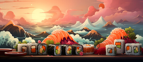 Illustration of various sushi rolls in the foreground with a stylized Mount Fuji in the background at sunset