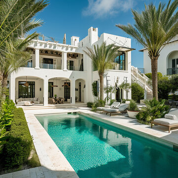 A beautiful and award-winning two story all, white stucco home like in Alys Beach in Florida decorated for Christmas and with a flat roof and large windows