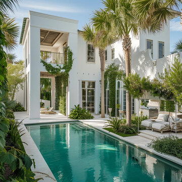 A beautiful and award-winning two story all, white stucco home like in Alys Beach in Florida decorated for Christmas and with a flat roof and large windows