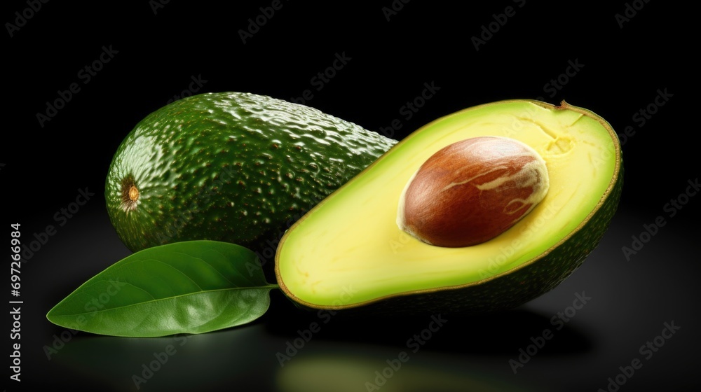Poster a visually appealing image of an avocado cut in half, with its leaves intact, set against a black ba