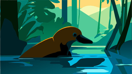 A curious platypus in the water. vektor icon illustation