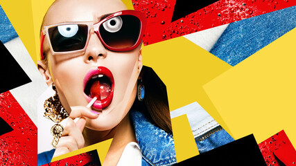Composition of women in sunglasses with red lollipop