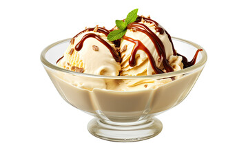 delicious butterscotch ice cream in a bowl isolated on transparent background