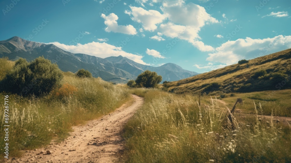 Poster a scenic view of a dirt road winding through a grassy field with majestic mountains in the backgroun