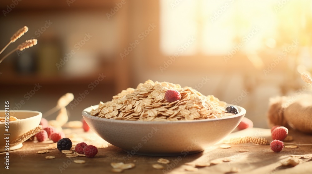 Poster a simple bowl of oatmeal placed on a rustic wooden table. ideal for food and breakfast related conte
