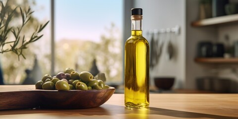 A bottle of olive oil is placed next to a bowl of olives. This image can be used to depict Mediterranean cuisine or to showcase healthy cooking options - obrazy, fototapety, plakaty