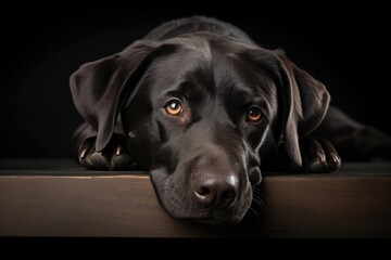 A black dog resting on a wooden table. Perfect for pet-related designs and themes