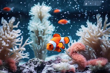 Fototapeta na wymiar An orange and white clown fish swimming in an aquarium. Suitable for aquatic-themed designs and educational materials