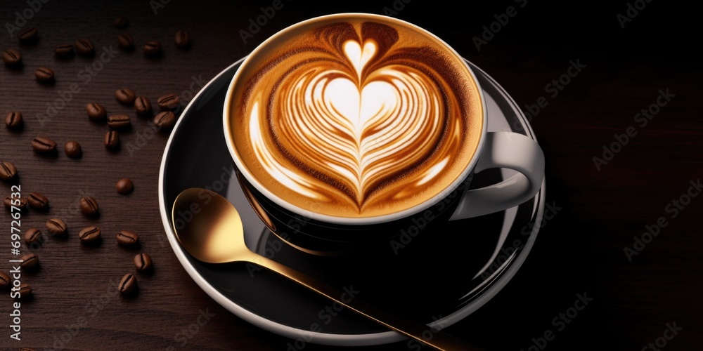 Poster A simple image of a cup of coffee placed on a saucer with a spoon. Suitable for various uses