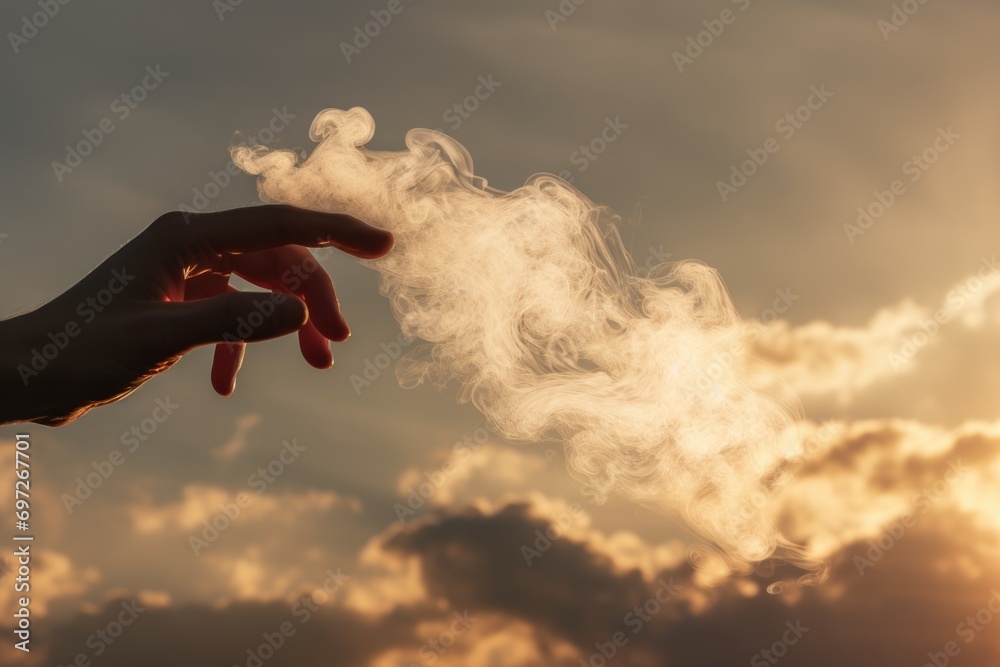 Poster a person's hand holding a cloud in the sky. this image can be used to represent imagination, creativ