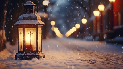 A lantern sitting in the middle of a snow-covered street. This image can be used to depict winter scenery or a peaceful nighttime scene
