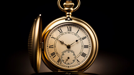 beautiful golden pocket watch with a chain on a dark background