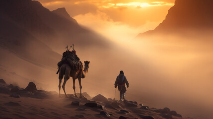 silhouettes of a man and a camel in the desert rocky mountains during a sandstorm at sunset - obrazy, fototapety, plakaty
