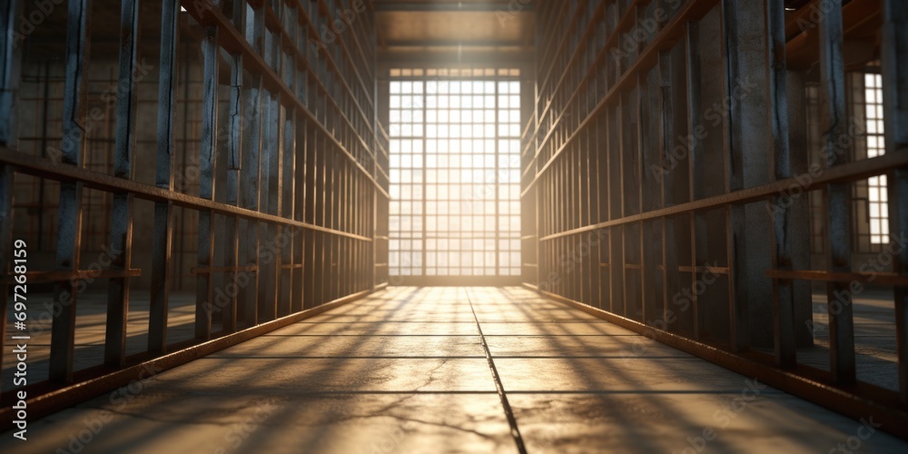 Poster A jail cell with sunlight streaming through the windows. Suitable for crime-related themes and concepts