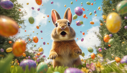 Easter bunny with Easter eggs falling from the sky. Easter egg hunt. bunny or rabbit with eggs on spring grass field, flying Easter eggs and blue sky. Religion holiday and Resurrection 