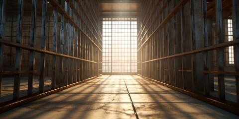 A jail cell with sunlight streaming through the windows. Suitable for crime-related themes and concepts