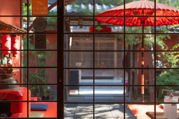 Traditional Kyoto Teahouse View Through Lattice Window 京都の茶屋