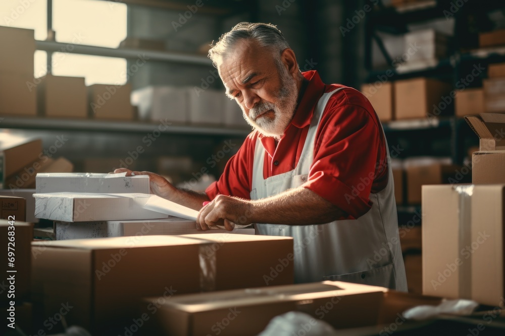 Poster a man is seen working in a warehouse, surrounded by boxes. this image can be used to showcase manual