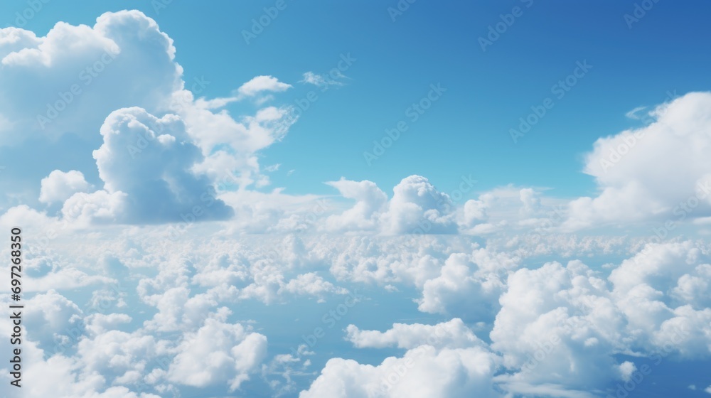 Poster a captivating view of the clouds seen from an airplane. suitable for travel and aviation themes