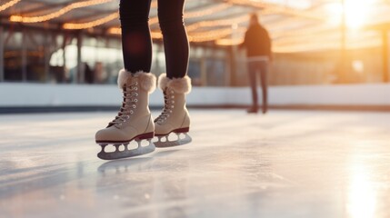 Ice skates resting on an ice rink, perfect for winter sports or recreational activities